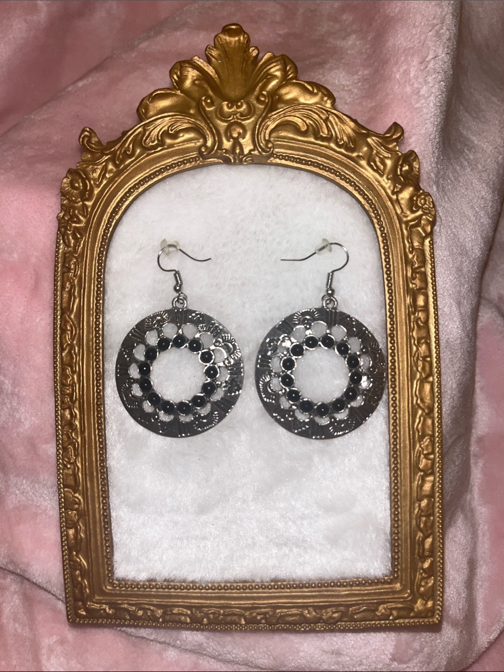 Silver Tone Filigree Hoop Earrings with Black Accents